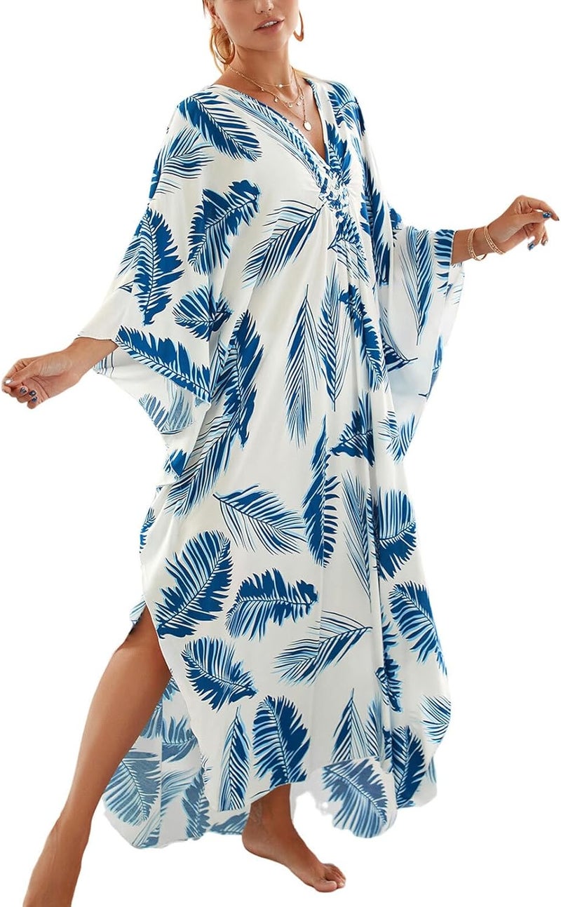 IMAGEKOPE Women's Plus Size Animal Print V-Neck Batwing Kaftan Beach Dress Bathing Suit Cover-Up Loungewear - Image 1
